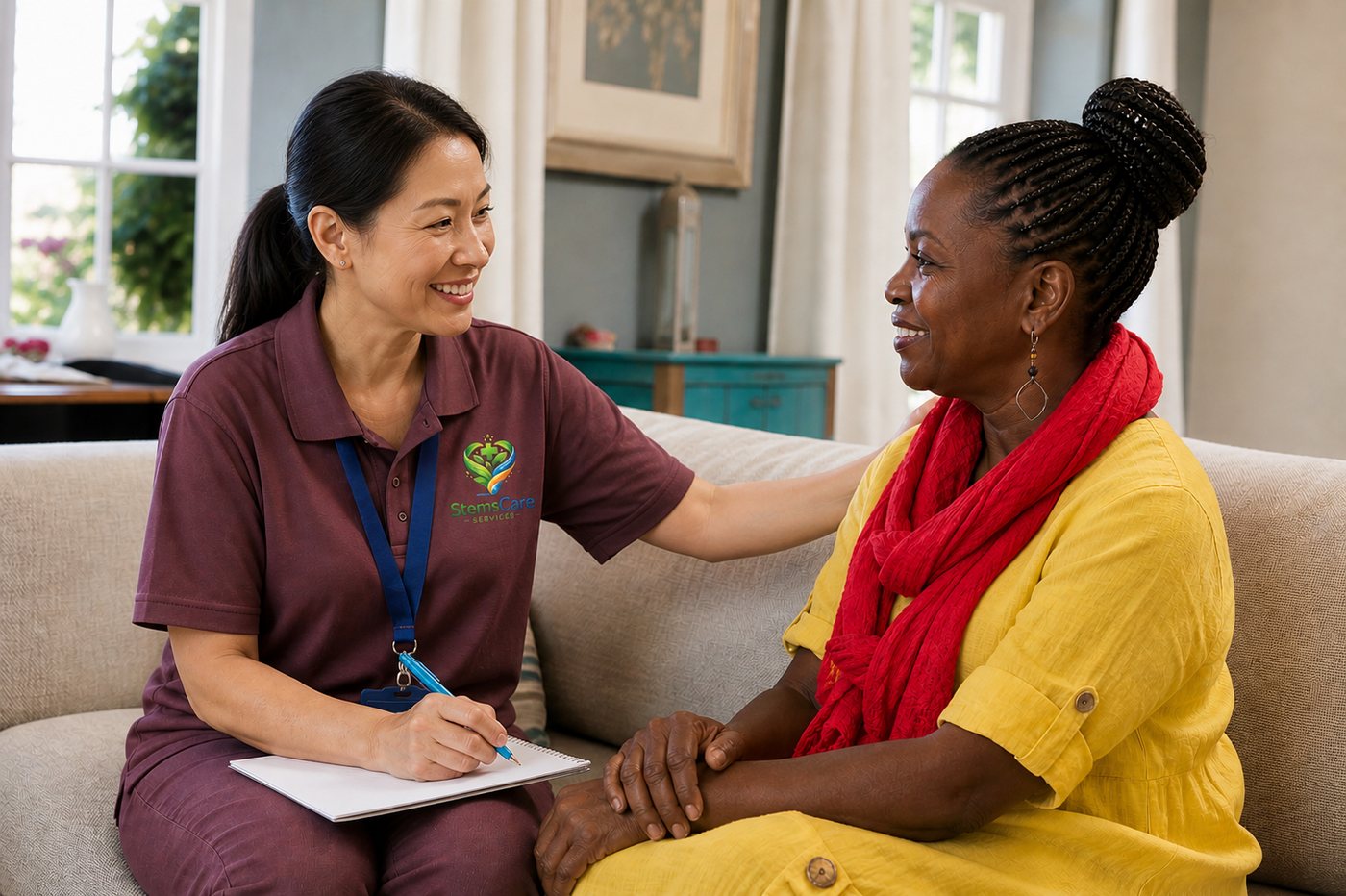 A StemsCare support worker chatting warmly with a participant at home